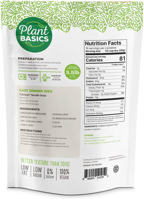 1 lb (Pack 2), Plant Basics - Hearty Plant Protein - Unflavored Chunks, of Non-GMO, Gluten Free, Low Fat, Low Sodium