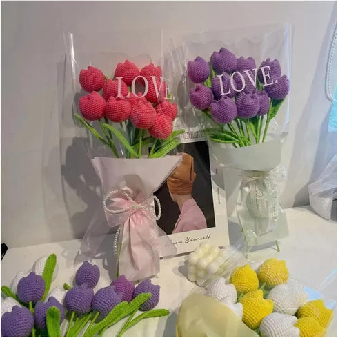 Generic 1PC Finished Knitted Flowers Tulip Carnation Sunflower Simulated Bouquet Mother's Day Valentine's Day Teacher's