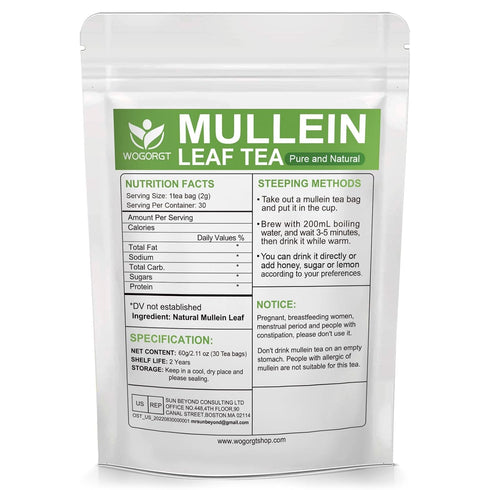 30 Mullein Tea Bags - Organic Mullein Leaf Tea for Lungs and Respiratory Support - Supports Daily Wellness - Caffeine