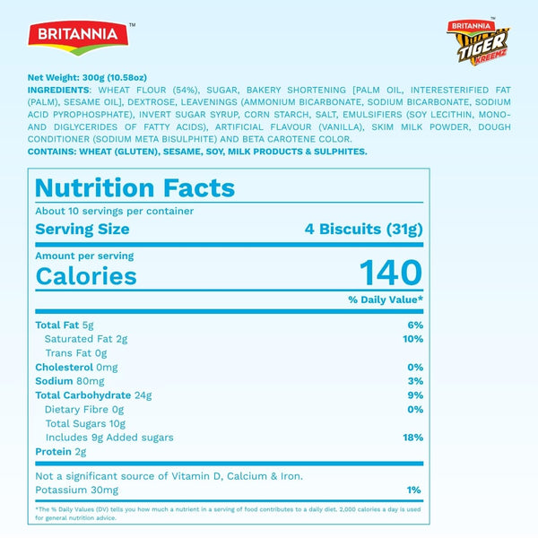 Pack (10.58 oz)300gm(75 4) Britannia Tiger Kreemz Vanilla Cream Biscuits | Family | *