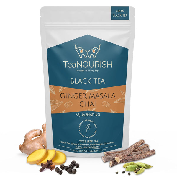TeaNOURISH Ginger Masala Chai Tea, Assam CTC Loose Black Tea with Authentic Indian Spices, 3.53oz