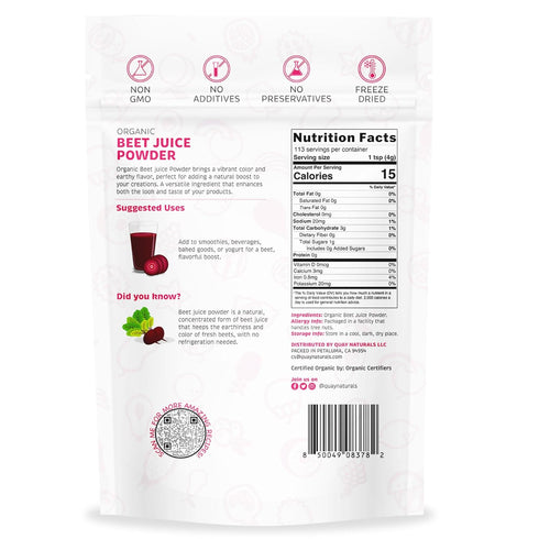 4oz, Quay Naturals Organic Beet Juice Powder, Freeze-Dried, Non-GMO, Beet Root Juice Powder for Smoothies & Baking