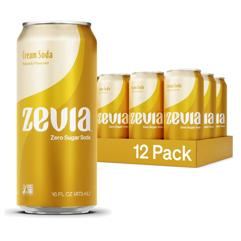 Zevia Zero Sugar Soda, Cream Soda, 16 oz Cans (12-Pack) Naturally Sweetened,