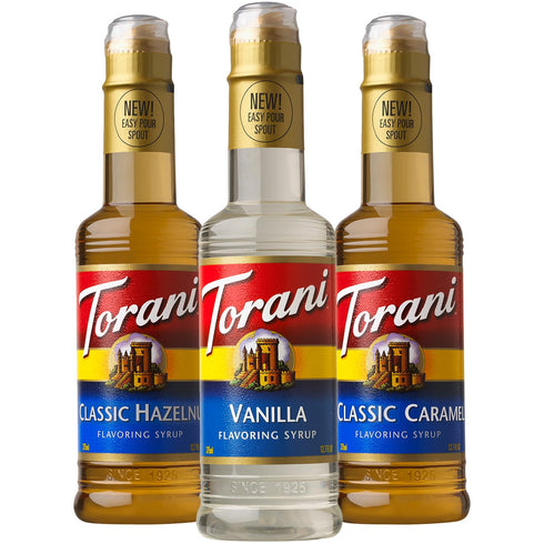 Torani Coffee Syrup, Vanilla, Caramel, and Classic Hazelnut Variety 3-Pack, Flavoring for