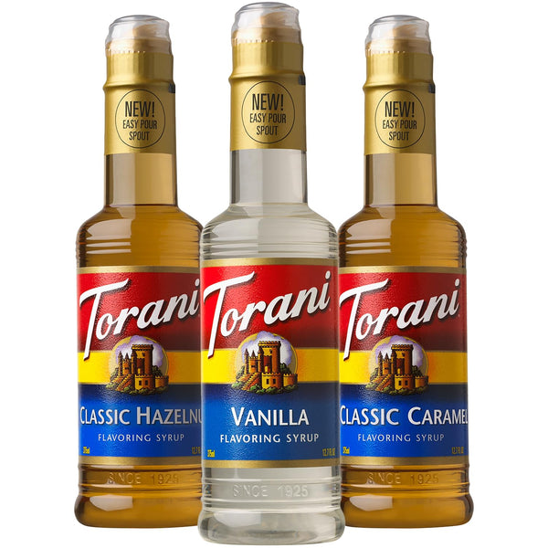 Torani Coffee Syrup, Vanilla, Caramel, and Classic Hazelnut Variety 3-Pack, Flavoring for
