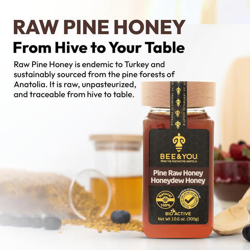 100% (10.6 oz) BEE and YOU Pine Raw Honey, Honeydew Honey, Wild-crafted, Natural, Unprocessed, Enzymes, Antioxidants