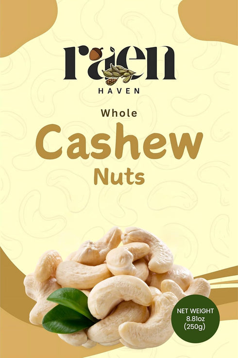 RAEN HAVEN 8.82 oz (250gm) Packed, Pack 1 Whole Cashew Nuts - Organic, Crunchy Snack, Freshly High in Protein Great