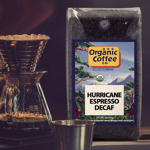 2LB (32 Organic Coffee Co. DECAF Hurricane Espresso Whole Bean Coffee Ounce) Medium Dark Roast Natural Water Processed