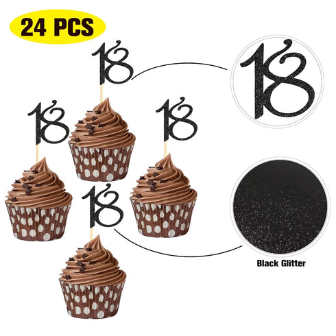 Sumerk 24PCS Black Glitter Cupcake Toppers, 18th Birthday Picks, Anniversary Party Decorations