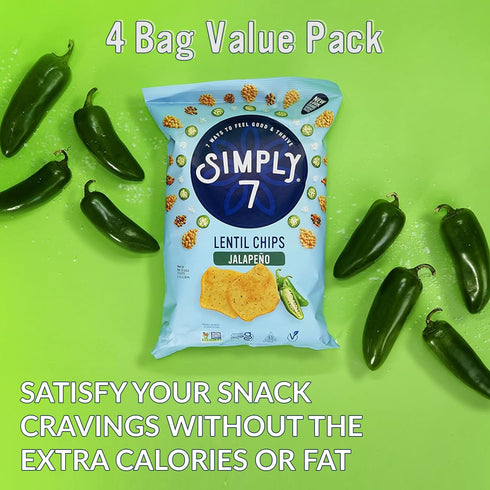 7 4oz (Pack 4) Simply Jalapeo Lentil Chips, of Spicy Gluten-Free Vegan Snack, Protein-Rich Plant-Based Crisps, Non-GMO