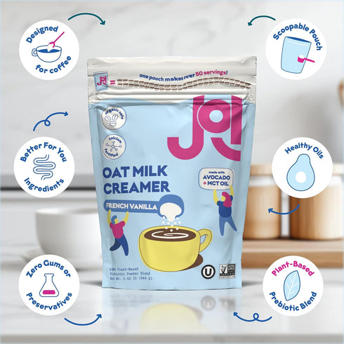 50 Oat Milk Coffee Creamer, French Vanilla. Makes over servings. Vegan, Non-Dairy, Plant Based, Kosher, Shelf-Stable