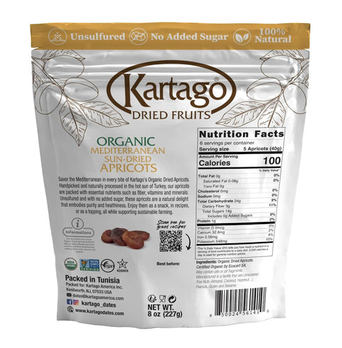 8oz (2-pack) Kartago Organic Dried Apricots - Unsulfured Mediterranean Sun Dried Apricots - Vegan, Kosher, Gluten Free