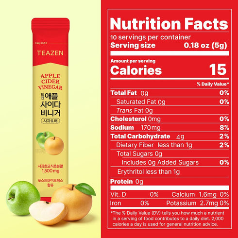 Packets, 1500mg 10 Counts TEAZEN Apple Cider Vinegar Drink Powder Apple & Pear Flavor On-the-Go Wellness with ACV, Zero