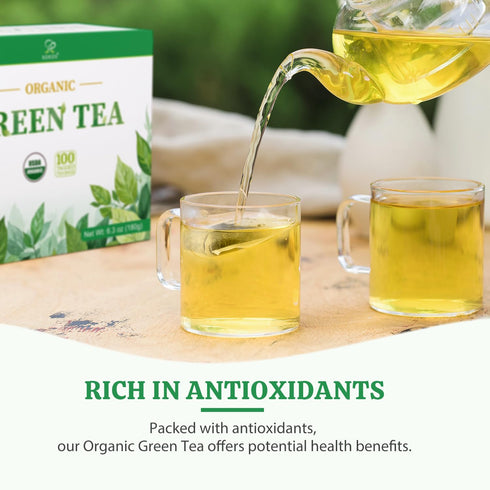 100 (Pack 1), 6.3 Soeos Organic Green Tea, Tea Bags of Caffeinated, Low Caffeine, Fresh and Healthy Green Tea, Ounce