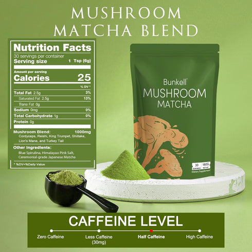 6 Immune 30 1 Pack Bunkell Mushroom Matcha, Adaptogenic Mushrooms Mix w/Japanese Matcha, Ceremonial Powder Blend