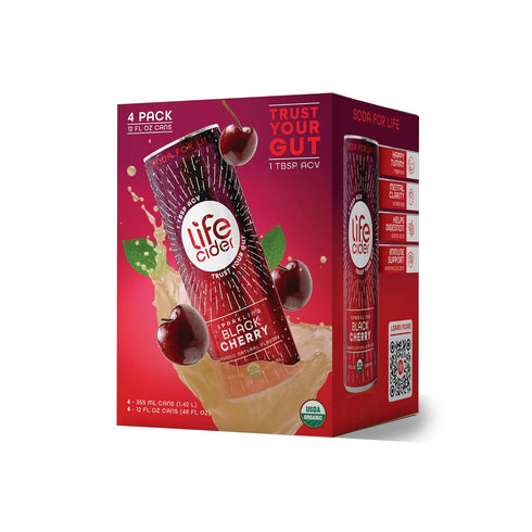 Life Cider Black Cherry Apple Cider Vinegar Soda, 4 Pack, Organic Sparkling