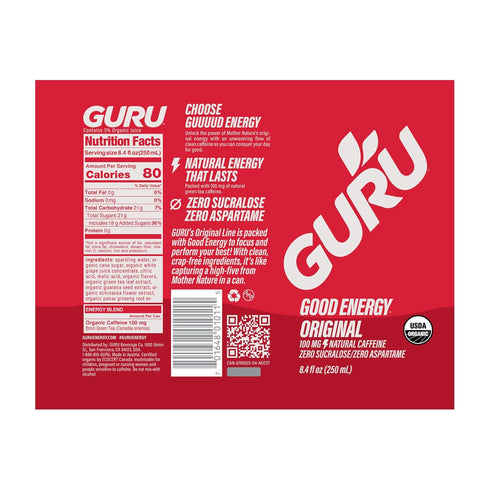 100MG 8.4oz (Pack 24) GURU Original Organic Energy Drinks, Clean Energy Drink with Plant Based Natural Caffeine from