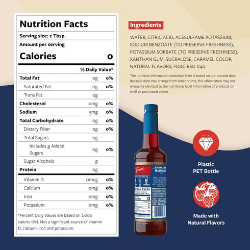 25.4 Oz Torani Sugar Free Syrup, Raspberry Flavored Syrup for Drinks, Zero Calorie, Pump Included, Fl