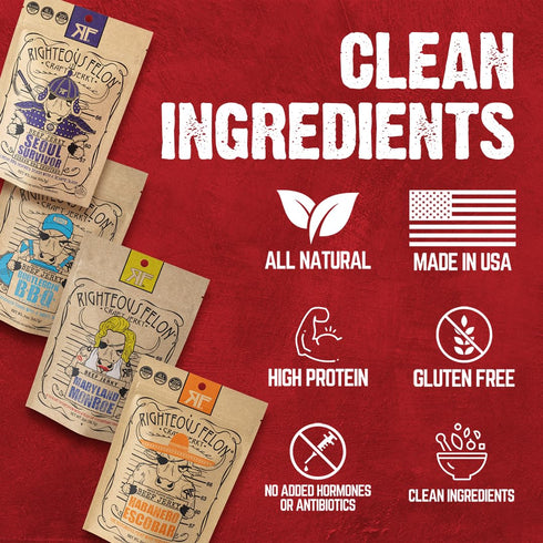 Righteous Felon Beef Jerky Variety Pack, Gluten Free Snack Packs for Adults, High Protein, Keto, Low Sugar, 4 Pack