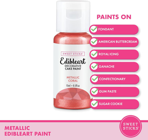 SWEET STICKS 0.5 (15 Edible Art Decorative Cake Paint Ounce Milliliters), Metallic Coral