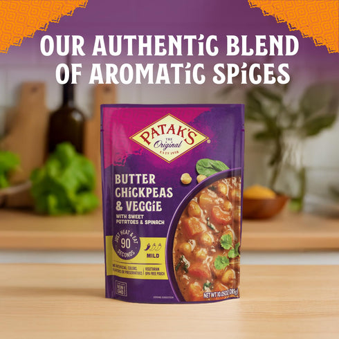10.5oz (Pack 6) Pataks Butter Chickpeas & Veggies - Vegetarian Ready to Eat Meal - Mild Indian Curry w/Chickpeas