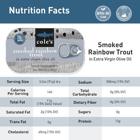 3.2oz Hand-Packed Pack 5 COLES - Smoked Trout Fillet with Extra Virgin Olive Oil | Canned Fish | High in Protein
