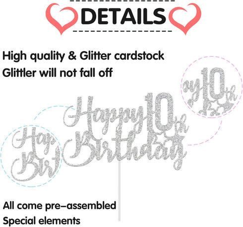 Silver Glitter Happy 10th Birthday Cake Topper - 10th Birthday Party Decoration