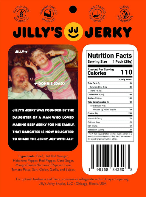 Jilly's Jerky (6 PACK) Habanero Heat Hand Crafted Small Batch Artisan High Protein Clean Ingredients Meat Snack School