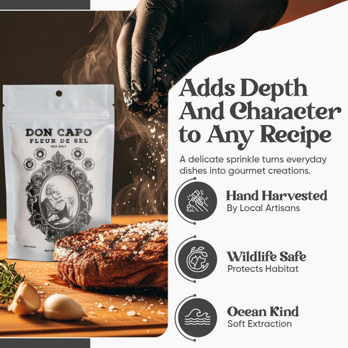 6.7oz Don Capo Fleur de Sel Sea Salt - Hand-harvested Finishing salt for texture and flavor- Flaky Salt for Steaks