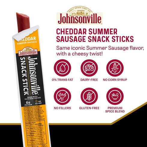 Summer Packs 1 oz., 24-Pack Johnsonville Sausage Snack Sticks - Gluten Free Protein Snacks, Jerky Snack - Cheddar
