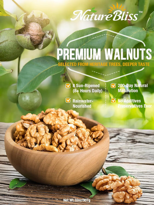 2LB 90% NatureBliss Raw Walnut Halves & Pieces, Premium Skin-On Walnuts, Whole Halves & Vacuum-Sealed for Freshness