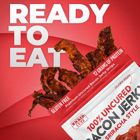 12g (2 Sriracha Flavored Bacon Jerky, Protein Per Bag, Tender & Easy to Chew Fully Cooked Bacon, USA Made, High Protein