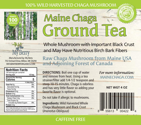 Maine Chaga Ground Tea Powder - 4oz, Coarse Ground, 100% Wild-Harvested, Caffeine-Free, 100 Servings
