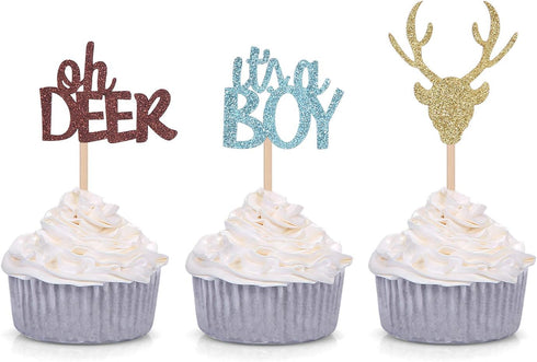 Oh Deer It's A Boy Cupcake Toppers for Male Baby Shower Party Decorations (24 Count)