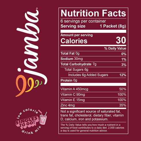 packets, 6-Count, Jamba Singles To Go! razzmatazz smoothie-inspired powdered drink mix aspartame free, just add water