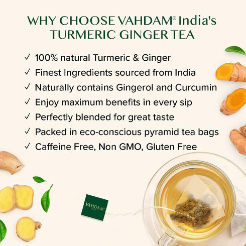 (100 100% VAHDAM Organic Turmeric Ginger Herbal Tea Bags Pyramid Tea Bags) Caffeine Free, Non GMO | Pure Herbal Blend