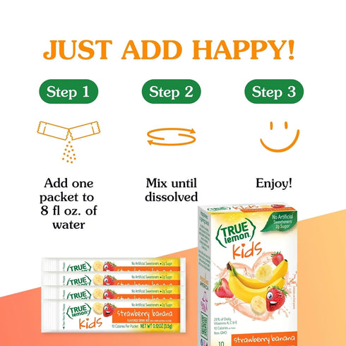 (10 Packets) TRUE LEMON KIDS Strawberry Banana Hydration for Kids No Artificial Sweeteners Low Sugar Water Flavoring