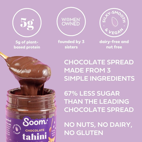 Soom Foods Chocolate Sesame Spread - 12oz (2 Pack) | Made with 3 Ingredients, Low Sugar, Dairy-Free, Nut-Free, Gluten-Free, Palm Oil-Free | 5g Protein | Better for You Chocolate Spread