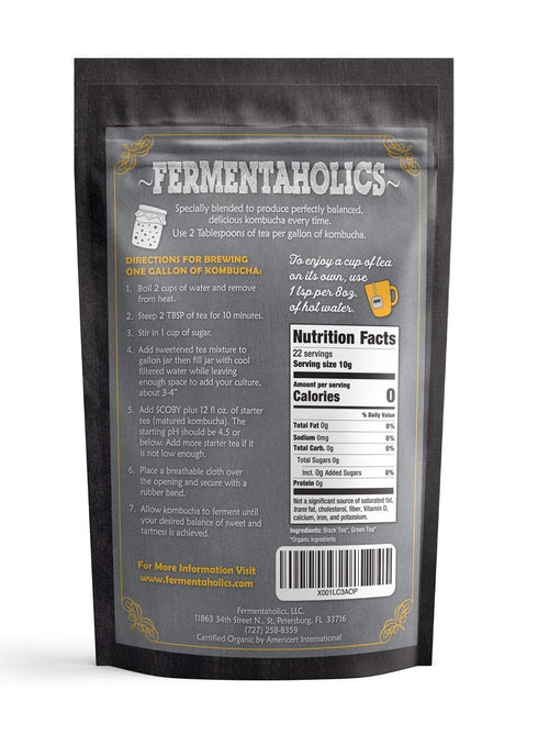 Fermentaholics USDA Certified Organic Kombucha Tea Blend, 4 oz Makes 11 Gallons, Organic Black and Green Tea Blend