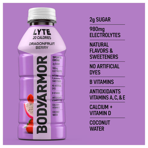 Potassium-Packed 16 Oz (Pack 12) BODYARMOR LYTE Sports Drink Low-Calorie Sports Beverage, Dragonfruit Berry, Coconut
