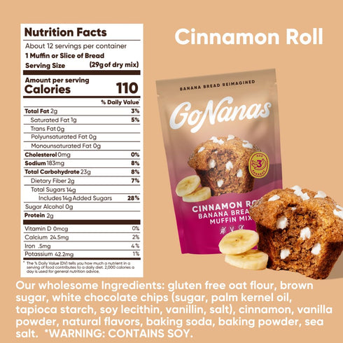 (3 Pack) GoNanas Cinnamon Roll Banana Bread Mix, Vegan, Gluten Free Healthy Snacks. Oat Flour Bread or Muffin Mix.