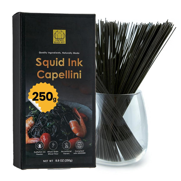 Black Hut Squid Ink Pasta - 8.8oz/250g, Natural Ingredients, Skinny Capellini, Spaghetti for Seafood Pasta