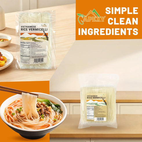 APEXY 14 oz Pack 3 Vietnamese Rice Vermicelli, of Thin Rice Noodles for Pho, Stir-Fry, Spring Rolls & Noodle Soups