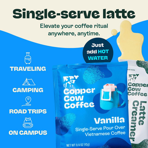 Pack (15 15 Copper Cow Vietnamese Coffee Variety Coffees & Creamers)| Classic, Vanilla, & Salted Caramel Latte | Pour