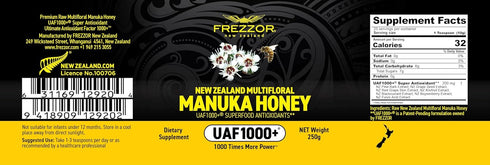 UAF1000+ 230% 1 (8.8oz/250g) FREZZOR Premium New Zealand Raw Multifloral Manuka Honey with Super Antioxidant, More