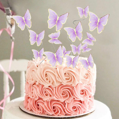 Set of 66 Pack Mixed Size & Colour Purple Gold Cupcake Toppers 3D Butterfly Cake Picks with Dot Glue for Party