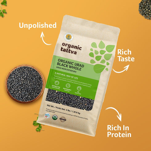 (4 lbs) Organic Tattva Black Urad Dal Whole - Black Lentils Organic, Gluten Free, Vegan & Kosher - Unpolished Gram
