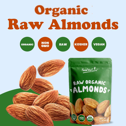 4 Food to Live - Organic Imported Raw Almonds, Pounds Non-GMO, Whole, Raw, No Shell, Unpasteurized, Unsalted, Vegan
