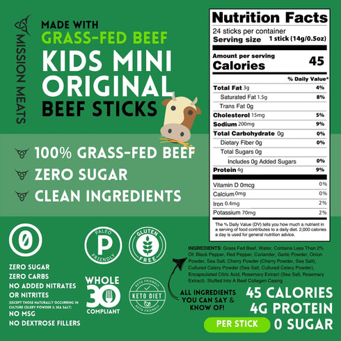 100% 4g 45 0.5oz (24ct Mission Meats Kids Beef Sticks, Grass Fed, Healthy Snacks for Kids, Zero Sugar, Protein