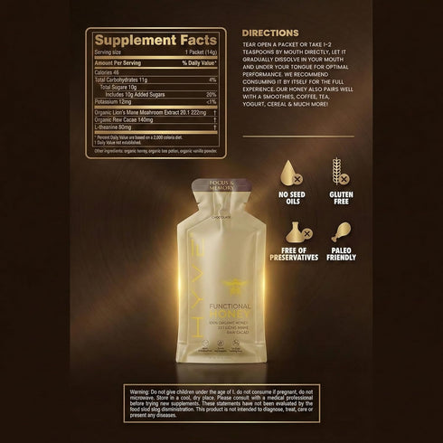 15 Packets HYVE Mind Functional Honey Focus & Memory Organic Honey with Lion's Mane Mushrooms, Raw Cacao, Bee Pollen
